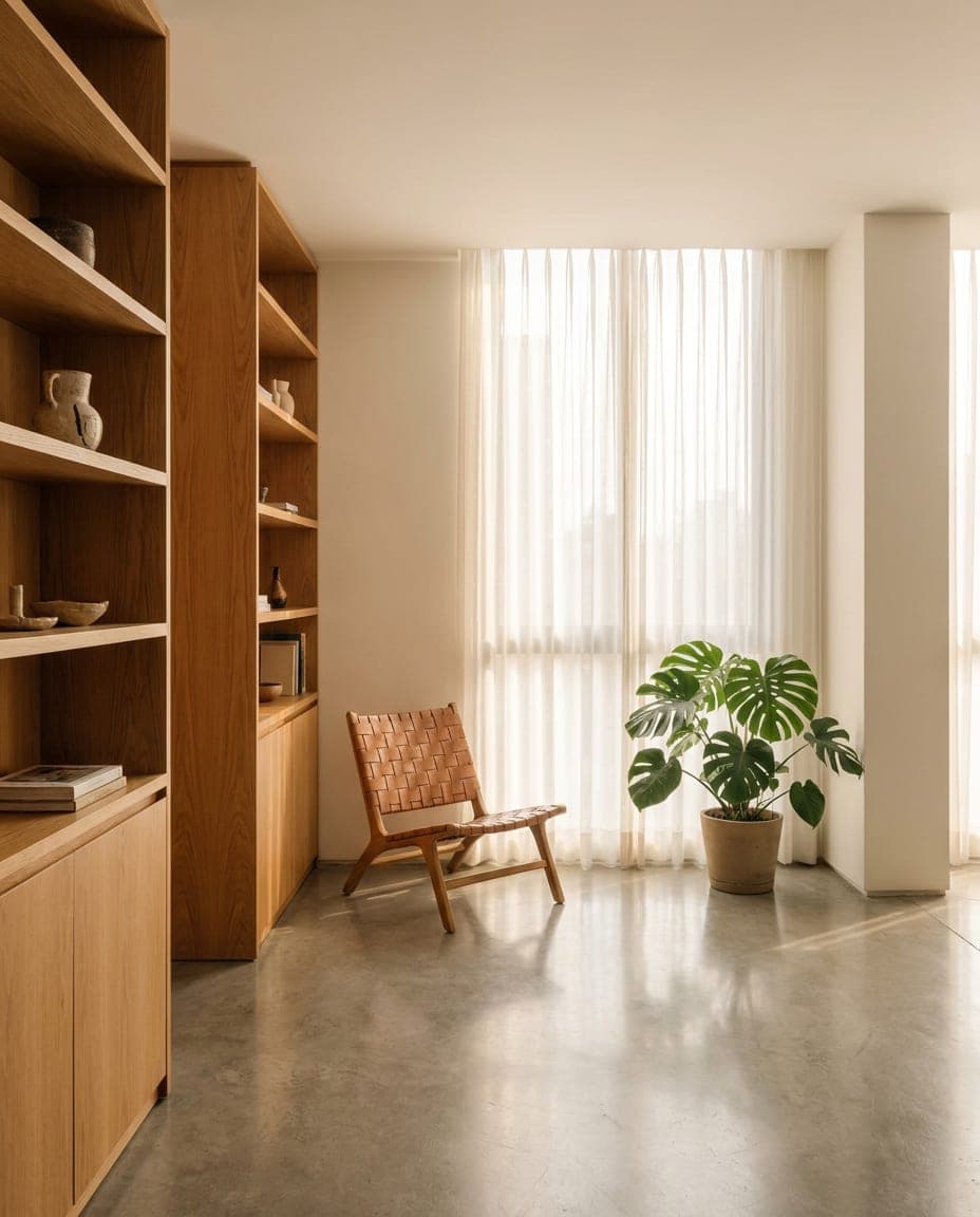 Interior de un departamento contemporáneo listo para rentarse, con librero de madera y piso de concreto