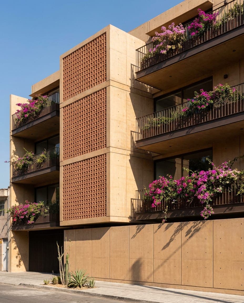Fachada de un edificio residencial contemporáneo en la Ciudad de México, con celosía de barro y bugambilias en los balcones