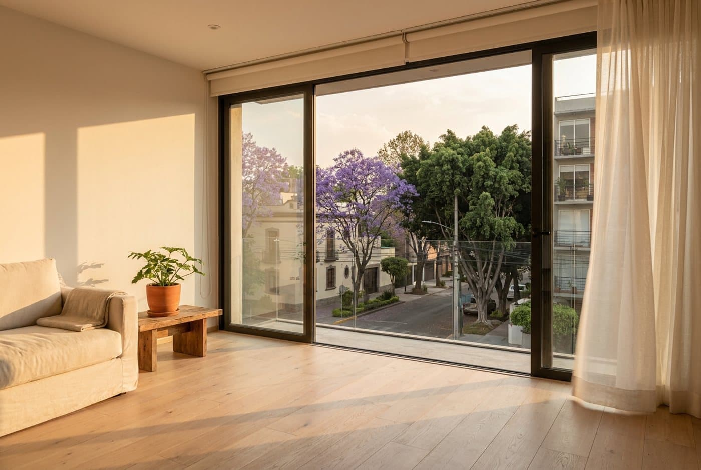 Interior de un departamento contemporáneo en la Ciudad de México con el piso de madera clara, visto hacia una calle arbolada con jacarandas en flor a la luz de la tarde