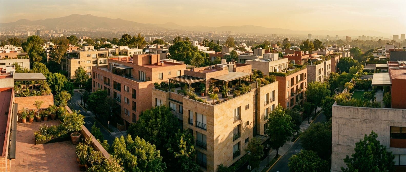 Vista de un barrio residencial de la Ciudad de México al atardecer, con edificios bajos, azoteas ajardinadas y árboles entre las calles