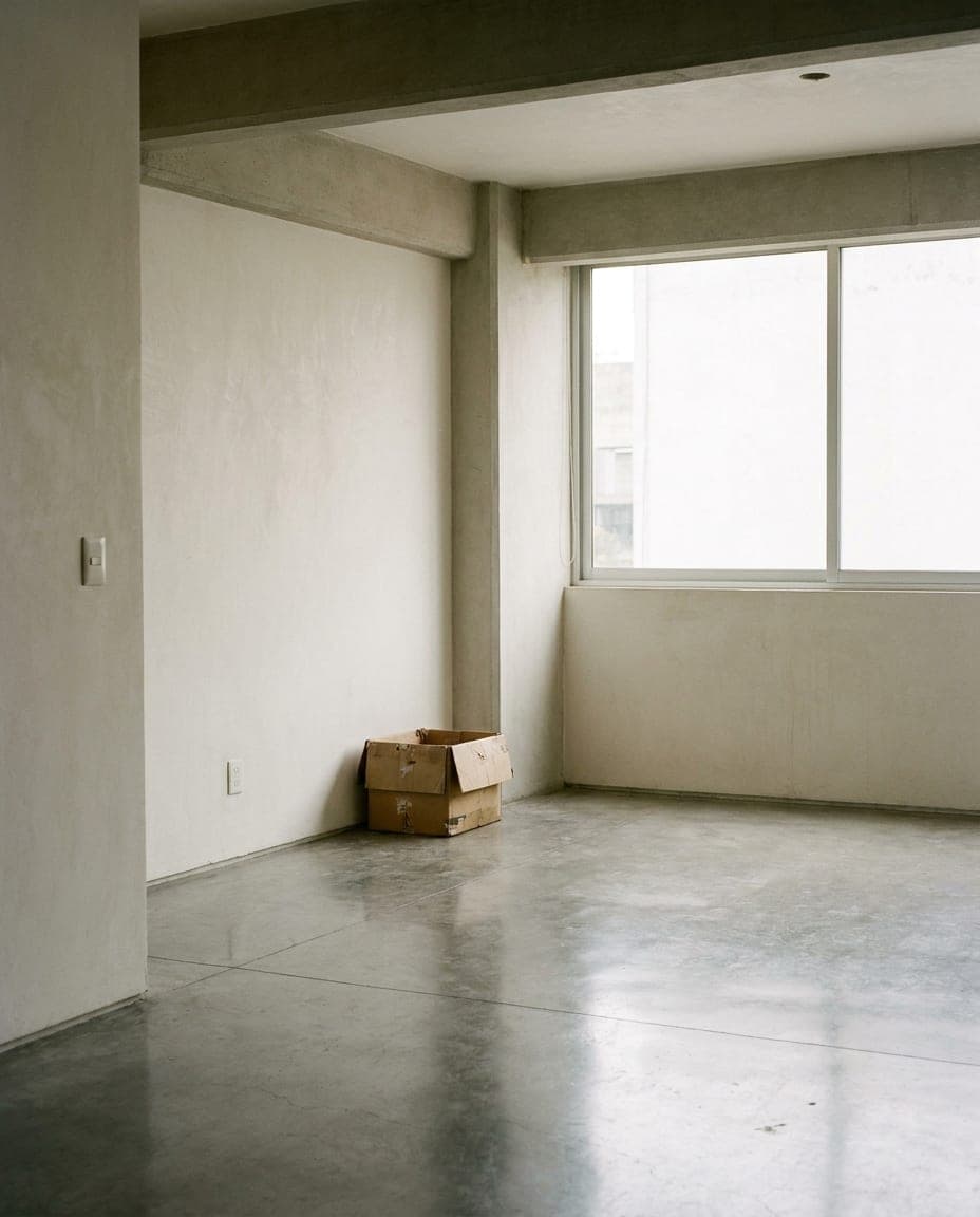 Sala vacía de un departamento sin rentar, con una caja de cartón en una esquina