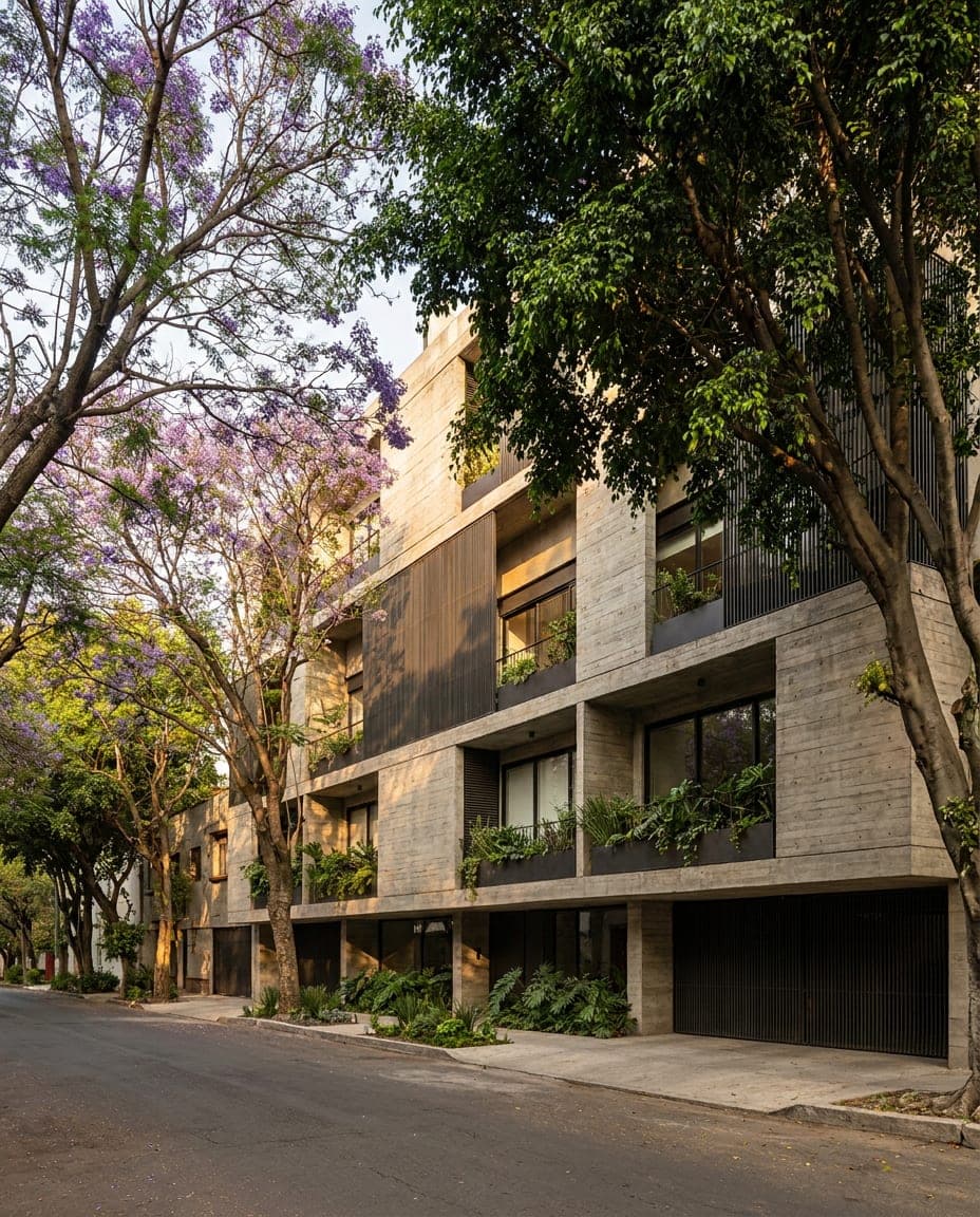 Fachada de un edificio residencial contemporáneo en una calle arbolada de la Ciudad de México