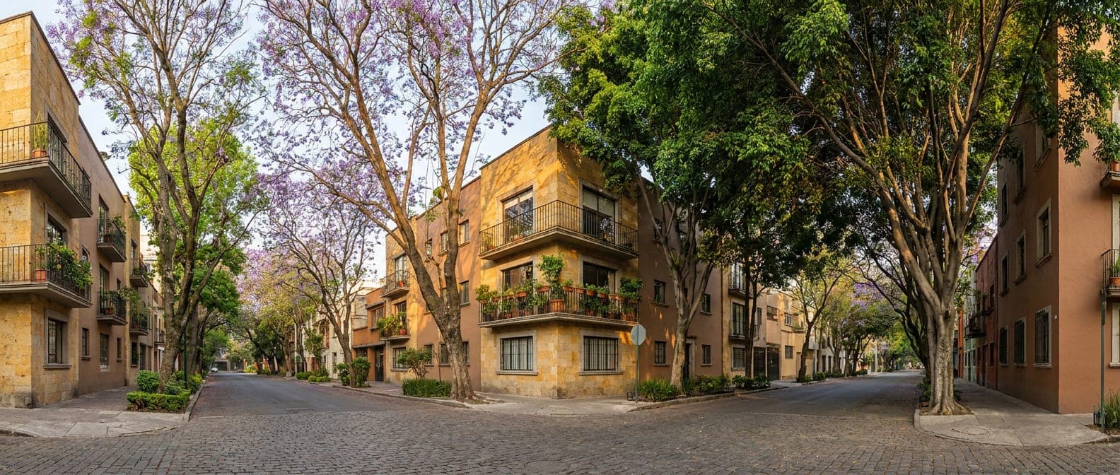 Calle residencial arbolada de la Ciudad de México, con jacarandas en flor y edificios bajos de piedra