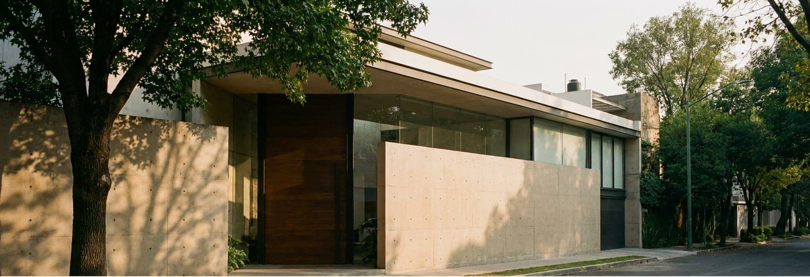 Fachada de una casa contemporánea en una calle arbolada de la Ciudad de México, con muro de concreto, puerta de madera maciza y grandes cristales